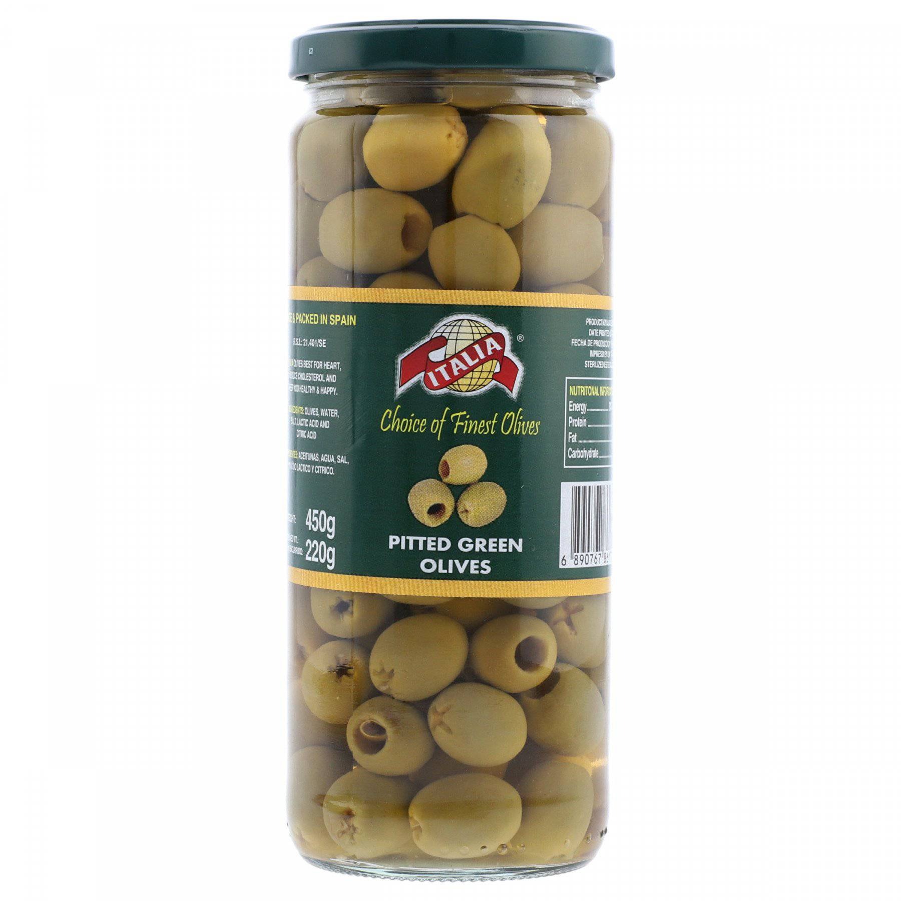 ITALUA PITTED GREEN OLIVES 450G